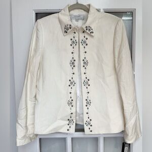 Tahari Arthur St. Levine Cream Linen Sequin Beaded Blazer Jacket Size 10 NWT